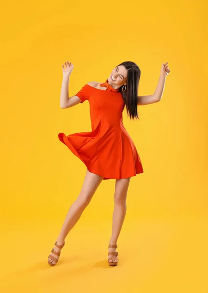 Beautiful Young Woman Dancing Color Background — Stock Photo, Image