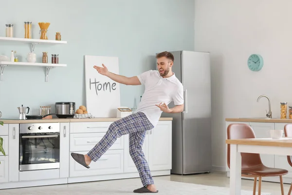 Handsome Young Man Dancing Kitchen — Stock Photo, Image