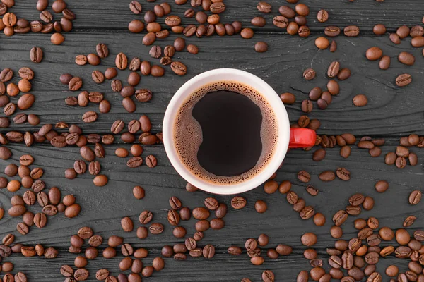 Taza Café Caliente Frijoles Sobre Fondo Madera —  Fotos de Stock