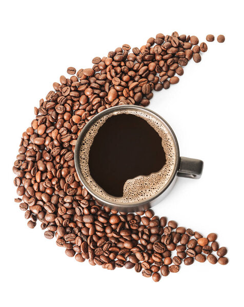 Cup of hot coffee and beans on white background