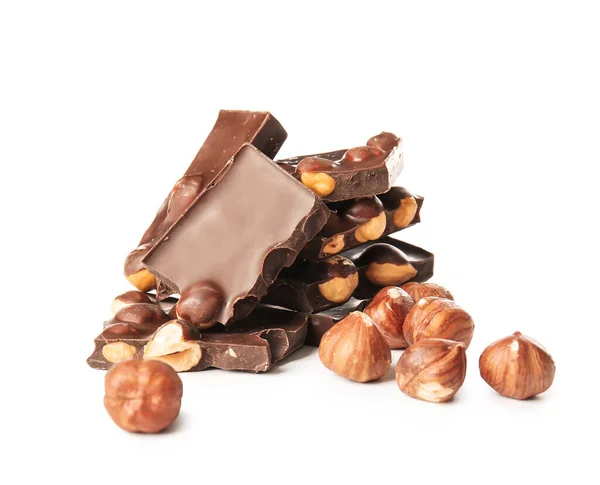 Sladká Čokoláda Ořechy Bílém Pozadí — Stock fotografie