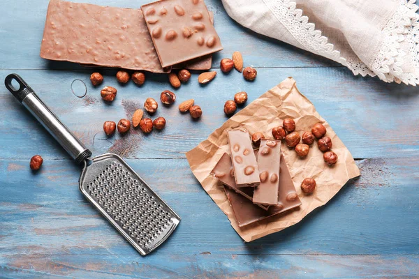 Sweet Chocolate Nuts Wooden Table — Stock Photo, Image