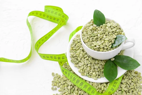 Green Coffee Beans Measuring Tape White Background — Stock Photo, Image