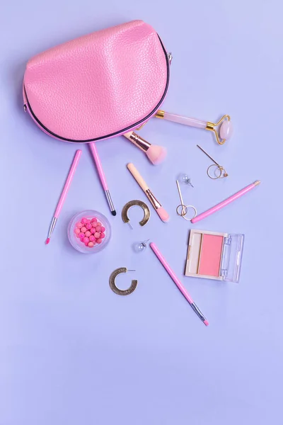 Makeup Cosmetics Accessories Bag Color Background — Stock Photo, Image