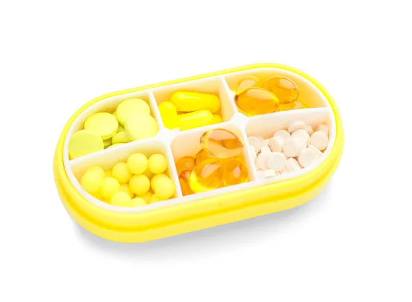 Contenitore Con Pillole Sfondo Bianco — Foto Stock
