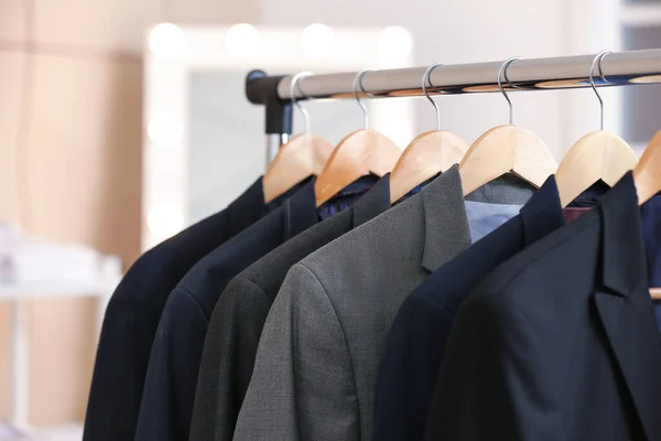 Hanger Different Stylish Male Suits Store — Stock Photo, Image