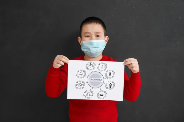 Asian Boy Protective Mask Holding Drawing Dark Background Concept Coronavirus — Stock Photo, Image