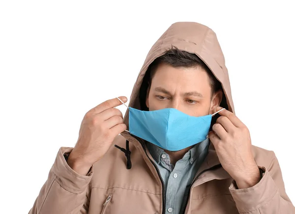 Man Putting Protective Medical Mask White Background — Stock Photo, Image