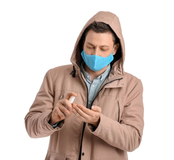 Man Protective Medical Mask Sanitizer White Background — Stock Photo, Image