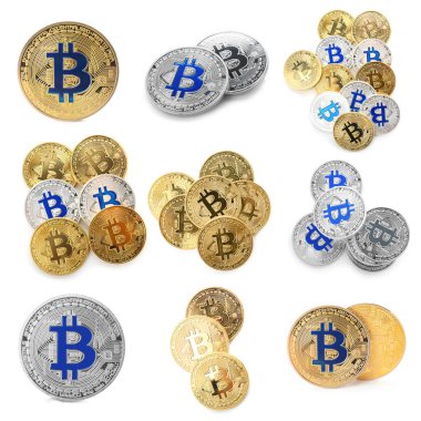 Beyaz arkaplanda altın ve gümüş bitcoin