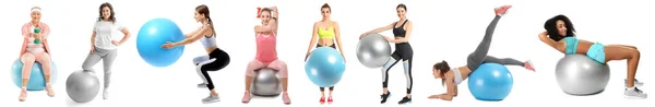 Verschiedenes Frauentraining Mit Fitballs Auf Weißem Hintergrund — Stockfoto