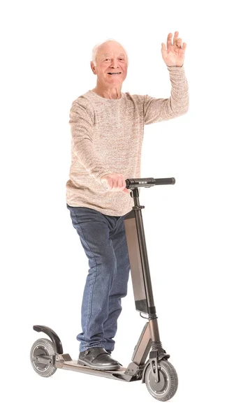 Portrait Elderly Man Kick Scooter White Background — Stock Photo, Image