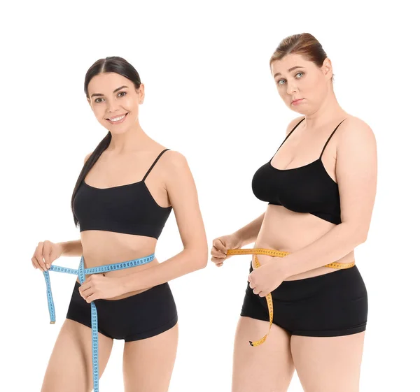 Slim Overweight Women White Background Weight Loss Concept — Stock Photo, Image