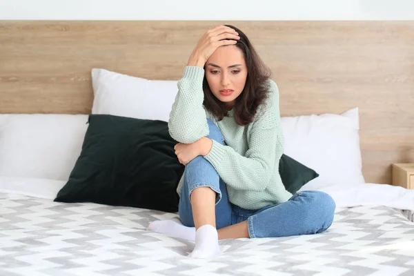 Depressed Young Woman Bedroom — Stock Photo, Image