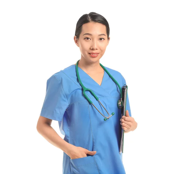 Femme Asiatique Médecin Sur Fond Blanc — Photo