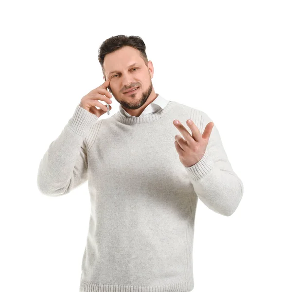 Homem Elegante Falando Por Telefone Celular Fundo Branco — Fotografia de Stock