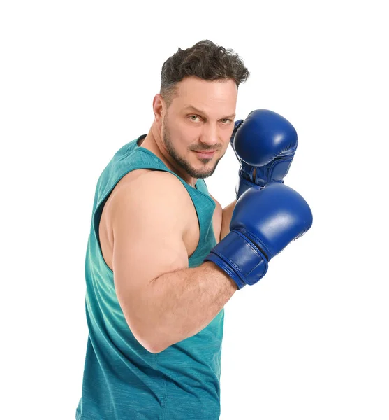 Homem Desportivo Com Luvas Boxe Fundo Branco — Fotografia de Stock