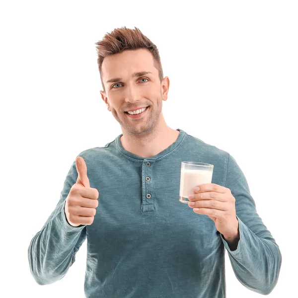 Junger Mann Mit Milch Zeigt Daumen Nach Oben Auf Weißem — Stockfoto