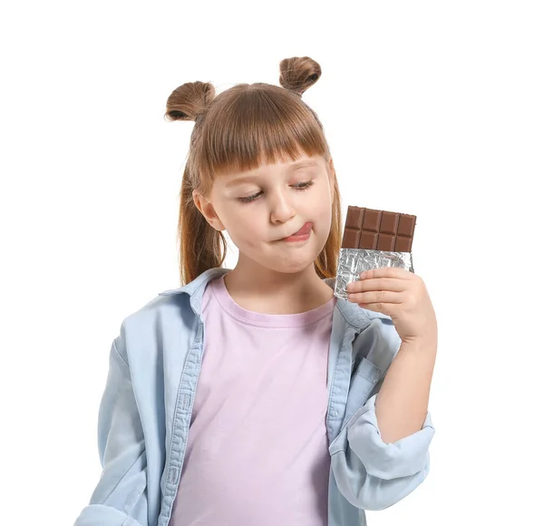 Menina Bonito Com Chocolate Fundo Branco — Fotografia de Stock