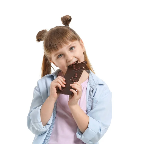 Linda Niña Con Chocolate Sobre Fondo Blanco — Foto de Stock