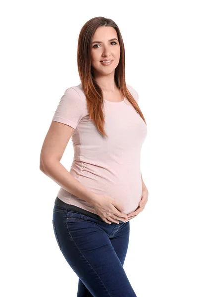 Hermosa Mujer Embarazada Sobre Fondo Blanco — Foto de Stock