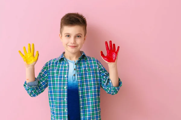 Cute Little Boy Hands Paint Color Background — Stock Photo, Image