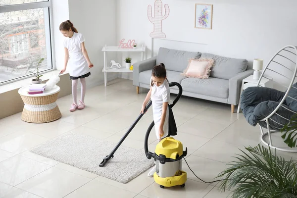 Cute Little Chambermaids Cleaning Room — Stock Photo, Image