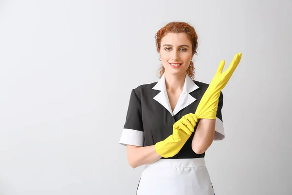 Beautiful Young Chambermaid Light Background — Stock Photo, Image