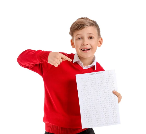 Aluno Com Folha Resposta Para Teste Escolar Fundo Branco — Fotografia de Stock