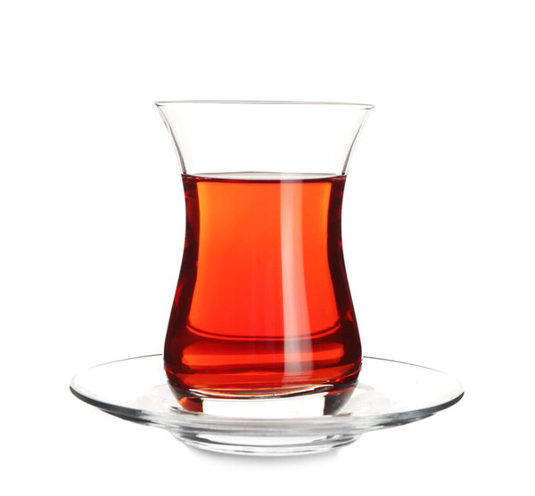 Glass of tasty Turkish tea on white background