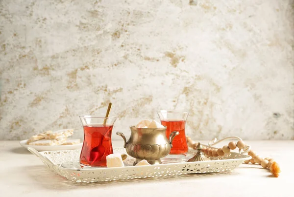 Tray Tasty Turkish Tea Sweets Light Background — Stock Photo, Image