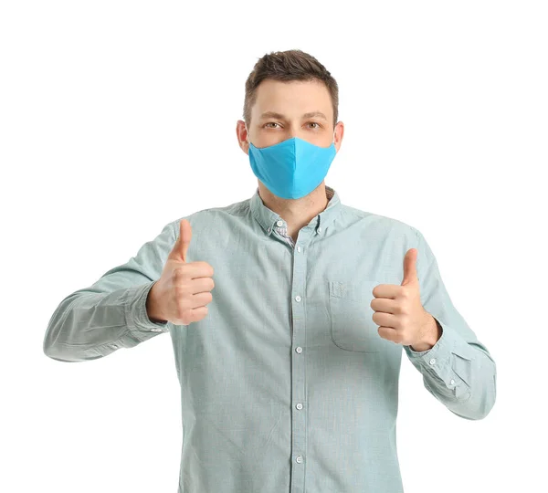 Man Protective Medical Mask Showing Thumb White Background — Stock Photo, Image