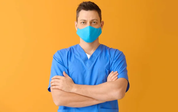 Doctor Protective Medical Mask Color Background — Stock Photo, Image