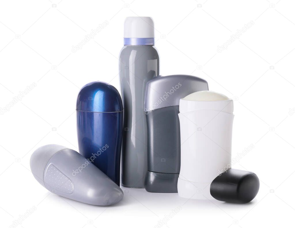 Different deodorants on white background