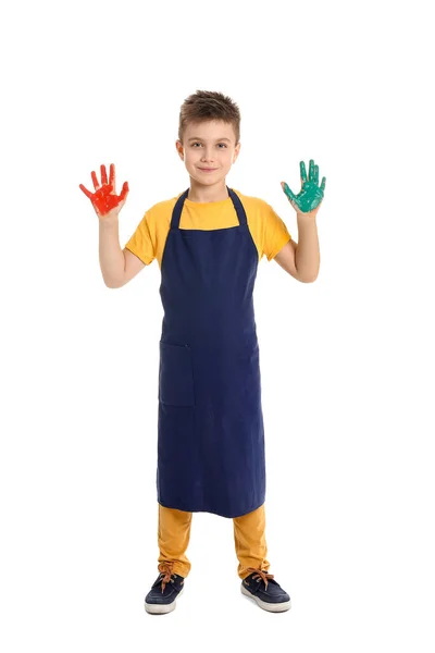 Beyaz Arka Planda Elleri Boyalı Şirin Bir Çocuk — Stok fotoğraf