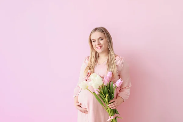 Beautiful Pregnant Woman Flowers Color Background — Stock Photo, Image