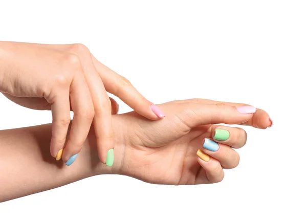 Mãos Mulher Jovem Com Bela Manicure Fundo Branco — Fotografia de Stock