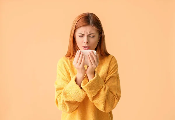 Woman Ill Flu Color Background — Stock Photo, Image