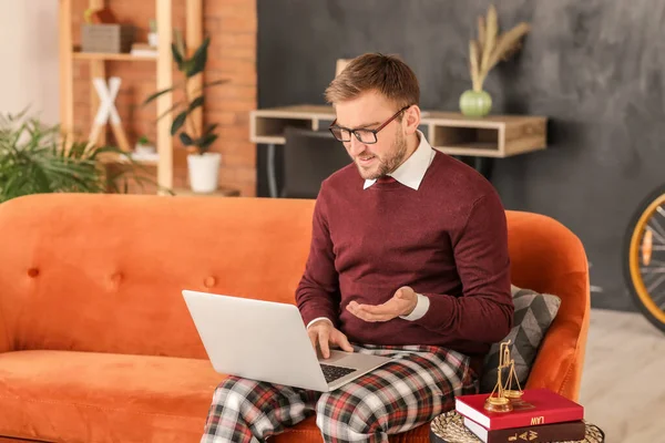Male Lawyer Giving Consultation Online Home — Stock Photo, Image
