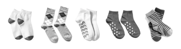 Mnoho Různých Ponožek Bílém Pozadí — Stock fotografie