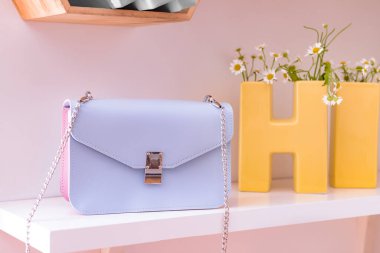 Odadaki rafta şık bir çanta.