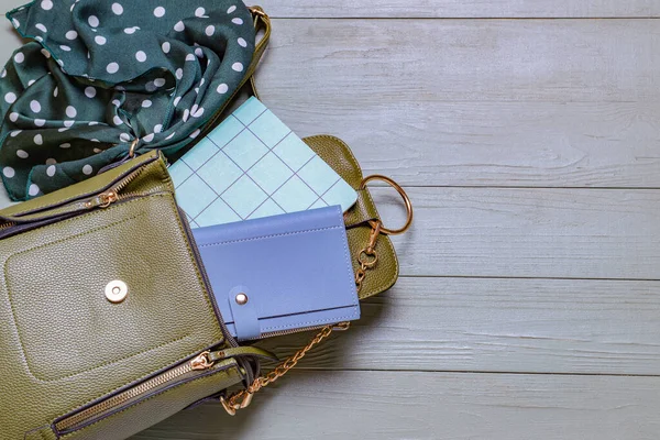 Stylish Bag Wallet Notebook Scarf Wooden Background — Stock Photo, Image