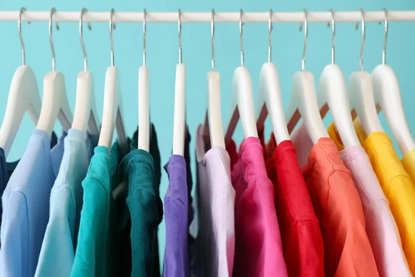 Rack Hanging Clothes Color Background Closeup — Stock Photo, Image