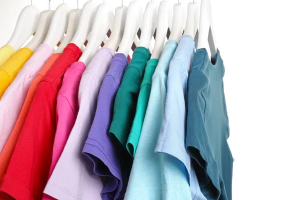 Rack Hanging Clothes White Background Closeup — Stock Photo, Image