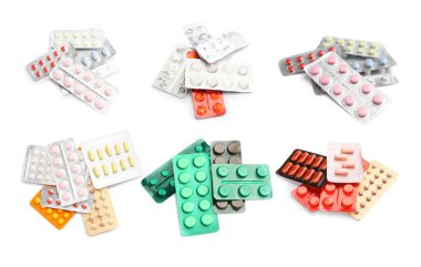 Beyaz arka planda hapları olan çok farklı kabarcıklar.