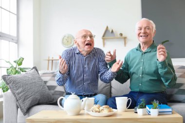 Yaşlı erkekler evde birlikte dinleniyor.