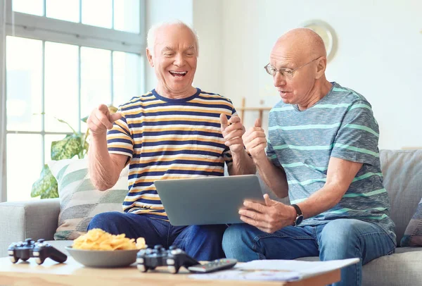 Hombres Mayores Con Portátil Descansando Juntos Casa — Foto de Stock