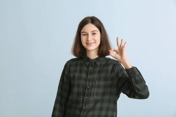 Teenage Girl Dental Braces Showing Gesture Light Background — Stock Photo, Image