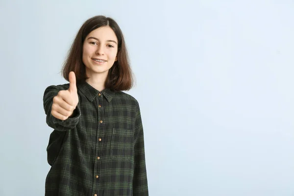 Teenage Girl Dental Braces Showing Thumb Gesture Light Background — Stock Photo, Image
