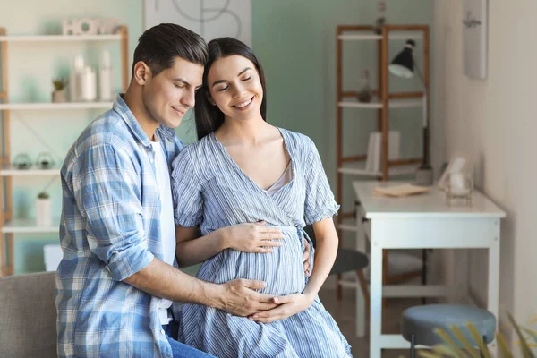 Portrait Happy Pregnant Couple Home — Stock Photo, Image